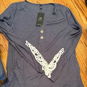 Mystree Blue Long Sleeve Top with White Lace Detail